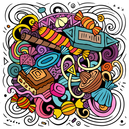 Candies cartoon vector doodles illustration. Sweet food design. Confection elements and objects background. Bright colors funny picture.のイラスト素材