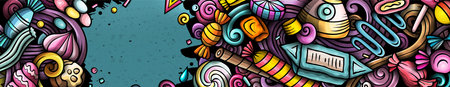 Cartoon vector doodle Candies banner template. Funny Sweet food colorful background designのイラスト素材