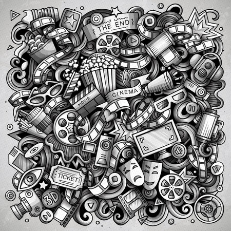 Cinema cartoon vector doodle design. Monochrome composition with lot of movie objects and symbols. All items are separateのイラスト素材