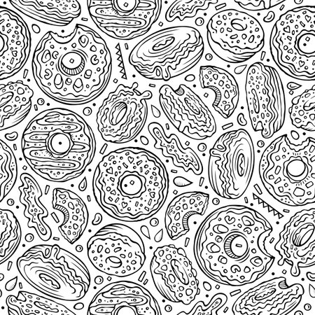 Cartoon cute doodles Donuts seamless pattern. Line art background. Endless funny vector sweet illustrationのイラスト素材