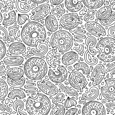 Cartoon cute doodles Donuts seamless pattern. Line art background. Endless funny vector sweet illustrationのイラスト素材