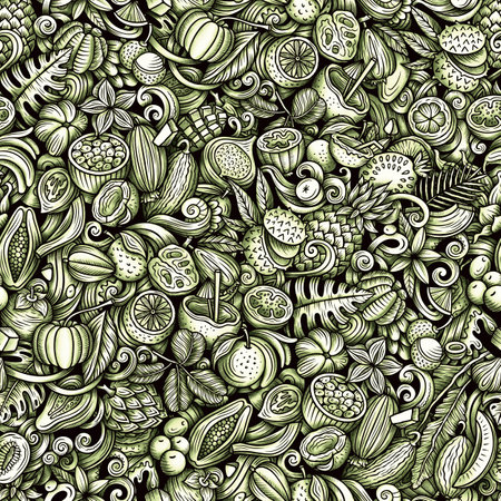 Graphics doodles on the subject of Exotic Fruits seamless pattern features a variety of tropical fruity objects and symbols. Monochrome playful background for print on fabric, greeting cards, scarves, wallpaper and otherの写真素材