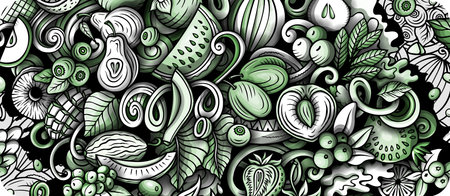 Cartoon vector doodle Fresh Fruits banner background. Funny natural food colorful illustration.のイラスト素材