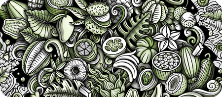 Cartoon vector doodle Tropical Fruits banner background. Funny natural food monochrome illustration.のイラスト素材