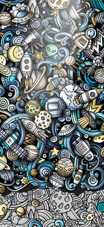 Space hand drawn doodle banner. Cartoon detailed illustrations. Cosmic identity with objects and symbols. Color vector design elements backgroundのイラスト素材