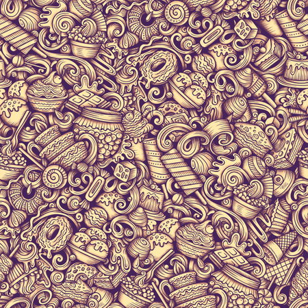 Graphics doodle Desserts seamless pattern. Backdrop with sweet food symbols and items. Monochrome background for print on fabric, textile, phone cases, wrapping paper.の写真素材