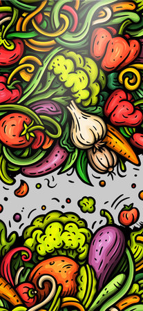 Vegetables cartoon vector doodle background. Veggies banner design. Nature elements and objects illustration. Bright colors funny picture.のイラスト素材