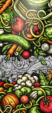 Vegetables cartoon vector doodle background. Veggies banner design. Nature elements and objects illustration. Bright colors funny picture.のイラスト素材