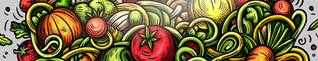 Vegetables cartoon vector doodle background. Veggies banner design. Nature elements and objects illustration. Bright colors funny picture.のイラスト素材