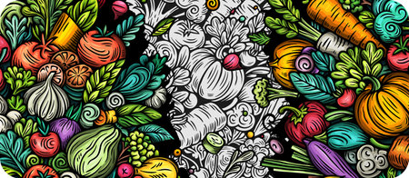 Vegetables cartoon vector doodle background. Veggies banner design. Nature elements and objects illustration. Bright colors funny picture.のイラスト素材
