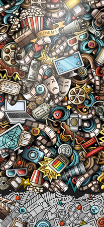 Cinema hand drawn doodle banner. Cartoon detailed flyer. Movie identity with objects and symbols. Color vector design elements backgroundのイラスト素材