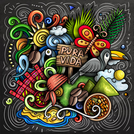 Vector funny doodle illustration with Costa Rica theme. Vibrant and eye-catching design, capturing the essence of Central America culture and traditions through playful cartoon symbolsのイラスト素材