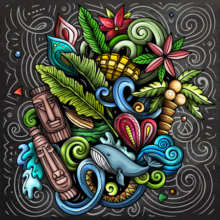 Vector funny doodle illustration with Dominica theme. Vibrant and eye-catching design, capturing the essence of North America culture and traditions through playful cartoon symbolsのイラスト素材