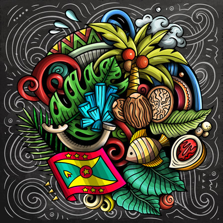 Vector funny doodle illustration with Grenada theme. Vibrant and eye-catching design, capturing the essence of North America culture and traditions through playful cartoon symbolsのイラスト素材