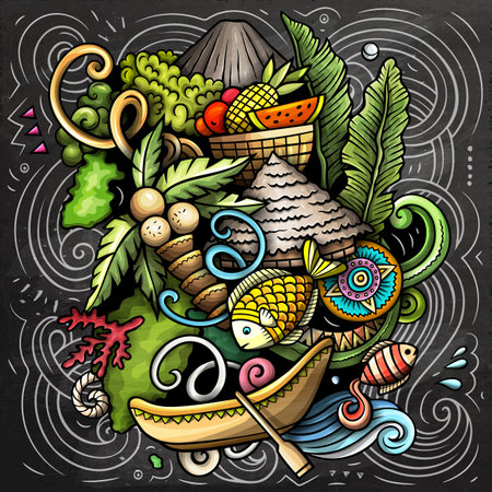 Tahiti hand drawn cartoon doodle illustration. Creative funny vector background with French Polynesia elements and objects. Colorful chalkboard compositionのイラスト素材