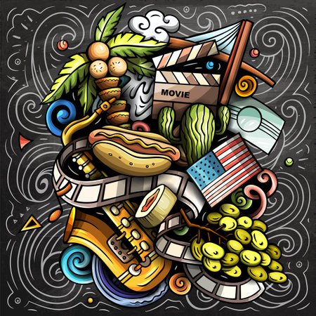 California hand drawn cartoon doodle illustration. Funny USA State design. Creative art vector background. Chalkboard compositionのイラスト素材