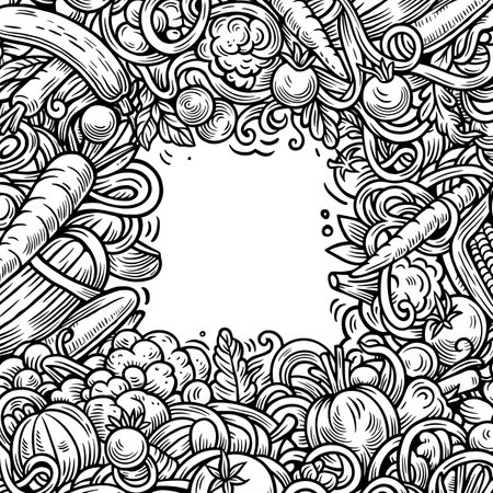 Vegetables cartoon vector doodles frame. Veggies border design. Nature elements and objects background. Sketchy funny picture.のイラスト素材