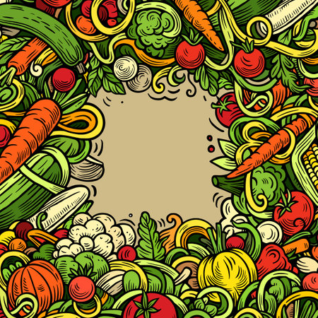 Vegetables cartoon vector doodles frame. Veggies border design. Nature elements and objects background. Bright colors funny picture.のイラスト素材