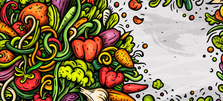 Vegetables cartoon vector doodle background. Veggies banner design. Nature elements and objects illustration. Bright colors funny picture.のイラスト素材