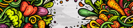 Vegetables cartoon vector doodle background. Veggies banner design. Nature elements and objects illustration. Bright colors funny picture.のイラスト素材