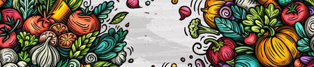 Vegetables cartoon vector doodle background. Veggies banner design. Nature elements and objects illustration. Bright colors funny picture.のイラスト素材