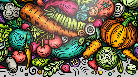 Vegetables cartoon vector doodle background. Veggies banner design. Nature elements and objects illustration. Bright colors funny picture.のイラスト素材