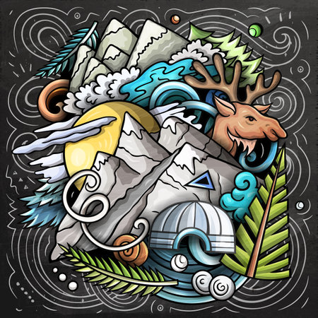 Alaska hand drawn cartoon doodle illustration. Funny USA State design. Creative art vector background. Colorful chalkboard compositionのイラスト素材