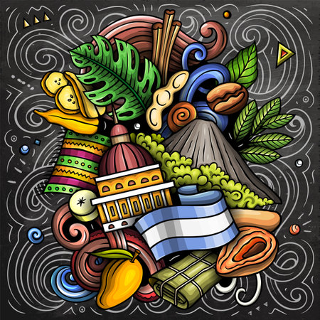 Vector funny doodle illustration with Nicaragua theme. Vibrant and eye-catching design, capturing the essence of Central America culture and traditions through playful cartoon symbolsのイラスト素材