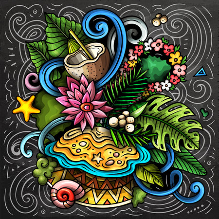 Tahiti hand drawn cartoon doodle illustration. Creative funny vector background with French Polynesia elements and objects. Colorful chalkboard compositionのイラスト素材