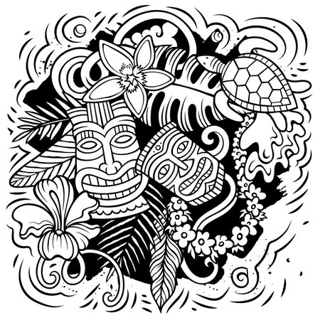 Hawaii cartoon vector doodle design. Sketchy detailed composition with lot of Hawaiian objects and symbolsのイラスト素材