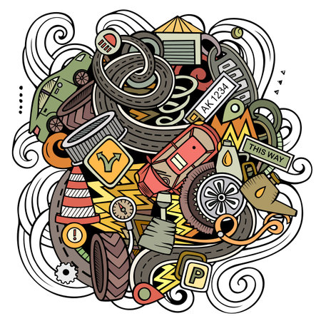 Auto Service cartoon vector illustration. Colorful detailed composition with lot of Automotive objects and symbols. All items are separateのイラスト素材