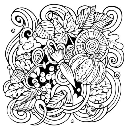 Autumn cartoon vector doodles illustration. Fall hand-drawn design. Season elements and objects background. Sketchy funny pictureのイラスト素材