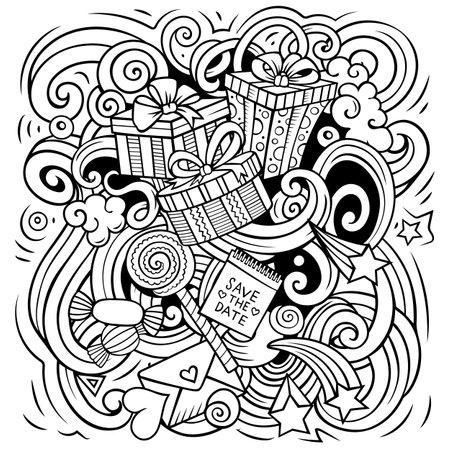 Happy Birthday vector doodles illustration. Holiday elements and objects cartoon background. Sketchy funny picture. All items are separatedのイラスト素材