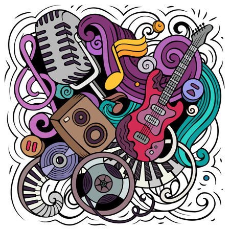 Cartoon vector doodles Disco music illustration. Colorful, detailed, with lots of objects background. All objects separate. Bright colors musical funny pictureのイラスト素材