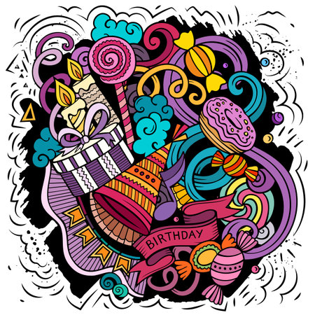 Happy Birthday vector doodles illustration.のイラスト素材