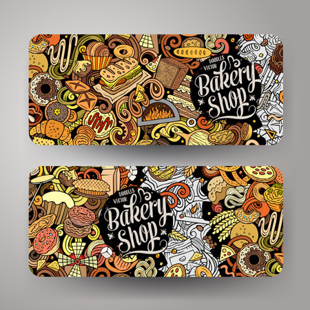 Cartoon vector doodle set of Bakery corporate identity templates. Funny Bakehouse colorful and line art banners designのイラスト素材