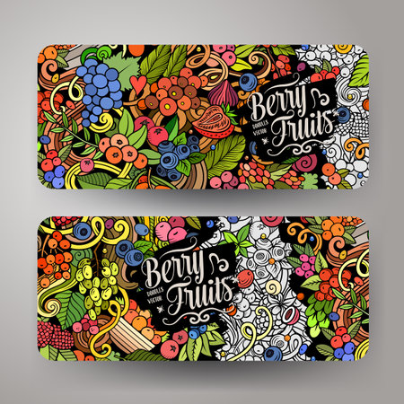Cartoon vector doodle set of Berry Fruits banners templates. Corporate identity for the use on apps, branding, flyers, web design. Funny natural food colorful illustration.のイラスト素材