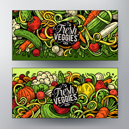 Cartoon vector doodle set of Fresh Vegetables banners templates. Corporate identity for the use on apps, branding, flyers, web design. Funny veggies colorful illustration.のイラスト素材