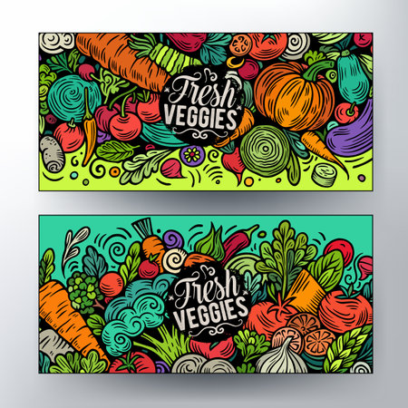 Cartoon vector doodle set of Fresh Vegetables banners templates. Corporate identity for the use on apps, branding, flyers, web design. Funny veggies colorful illustration.のイラスト素材