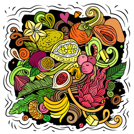 Exotic Fruits cartoon vector doodles illustration. Tropical food elements and objects background. Bright colors funny pictureのイラスト素材