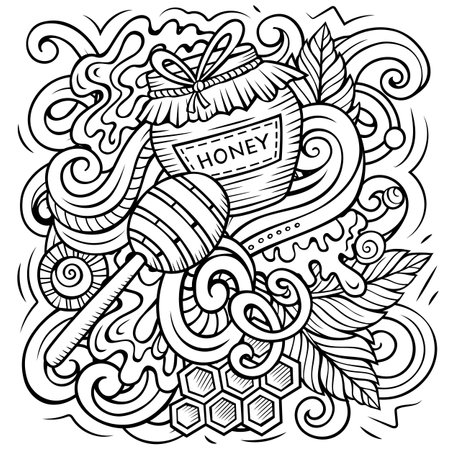 Cartoon vector doodles Honey illustration. Sketchy, detailed, with lots of objects background. Line art sweet funny pictureのイラスト素材