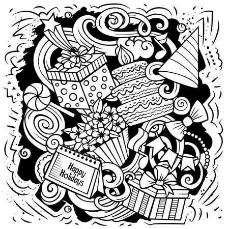 Happy Birthday vector doodles illustration. Holiday elements and objects cartoon background. Sketchy funny picture. All items are separatedのイラスト素材