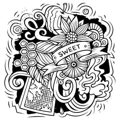 Cartoon vector doodles Honey illustration. Sketchy, detailed, with lots of objects background. Line art sweet funny pictureのイラスト素材