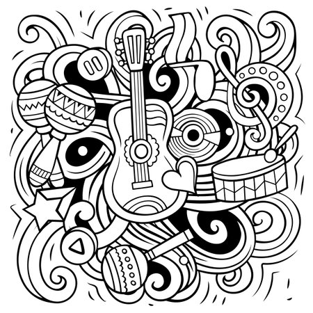 Music hand drawn vector doodles illustration. Musical poster design. Sound elements and objects cartoon background. All items are separatedのイラスト素材