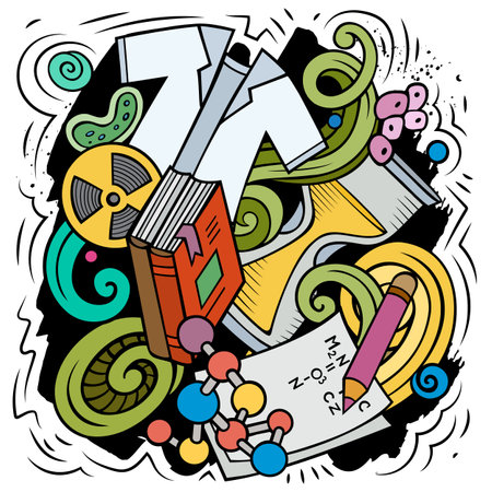 Science cartoon vector doodle design. Colorful detailed composition with lot of scientific objects and symbols. All items are separateのイラスト素材