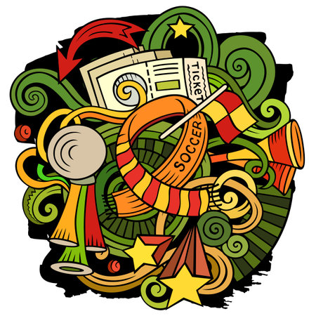 Cartoon vector doodles Football illustration. Colorful, detailed, with lots of objects background. All objects separate. Bright colors Soccer funny pictureのイラスト素材