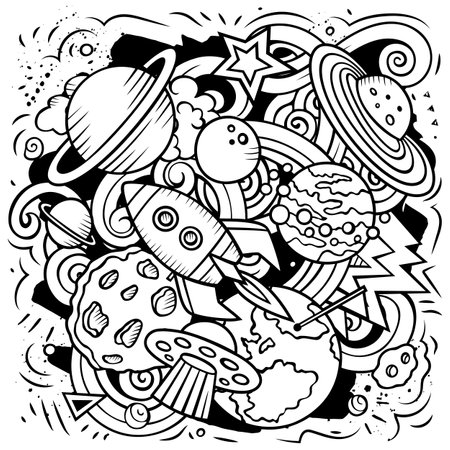 Space cartoon vector illustration. Chalkboard detailed composition with lot of Cosmos objects and symbols. All items are separateのイラスト素材