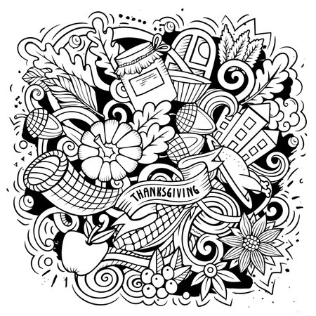 Thanksgiving hand drawn cartoon doodles illustration. Funny holiday design. Creative art vector background. Harvest symbols, elements and objects. Line art compositionのイラスト素材