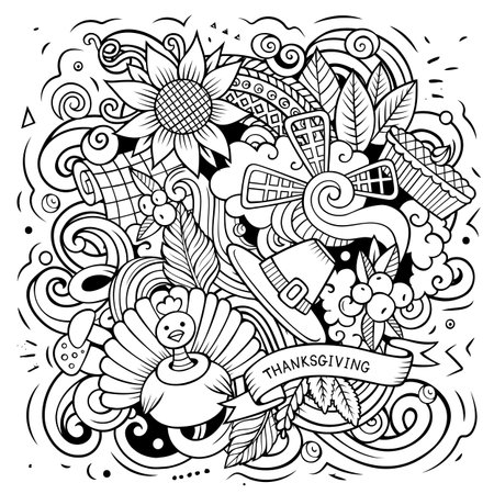 Thanksgiving hand drawn cartoon doodles illustration. Funny holiday design. Creative art vector background. Harvest symbols, elements and objects. Line art compositionのイラスト素材