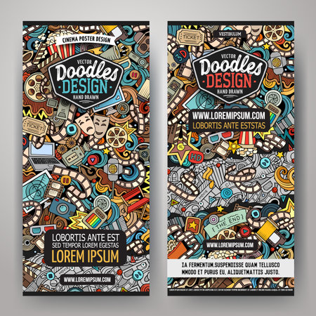 Cartoon vector doodle set of Cinema banners templates. Corporate identity for the use on invitations, cards, apps, branding, flyers, greeting cards, postcards, web design. Funny colorful illustration.のイラスト素材